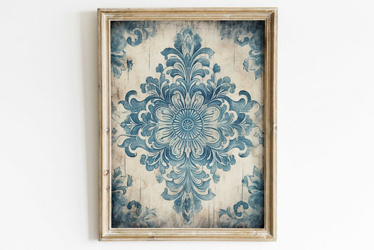 Blue Antique Ornament Wall Art – Floral Living Room Decor