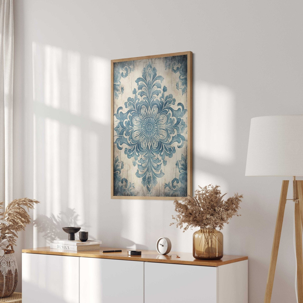 Blue Antique Ornament Wall Art – Floral Living Room Decor