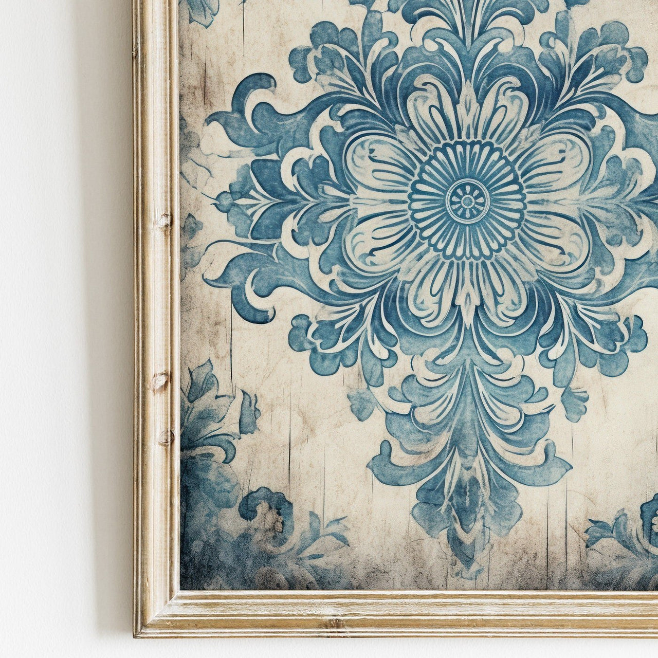Blue Antique Ornament Wall Art – Floral Living Room Decor