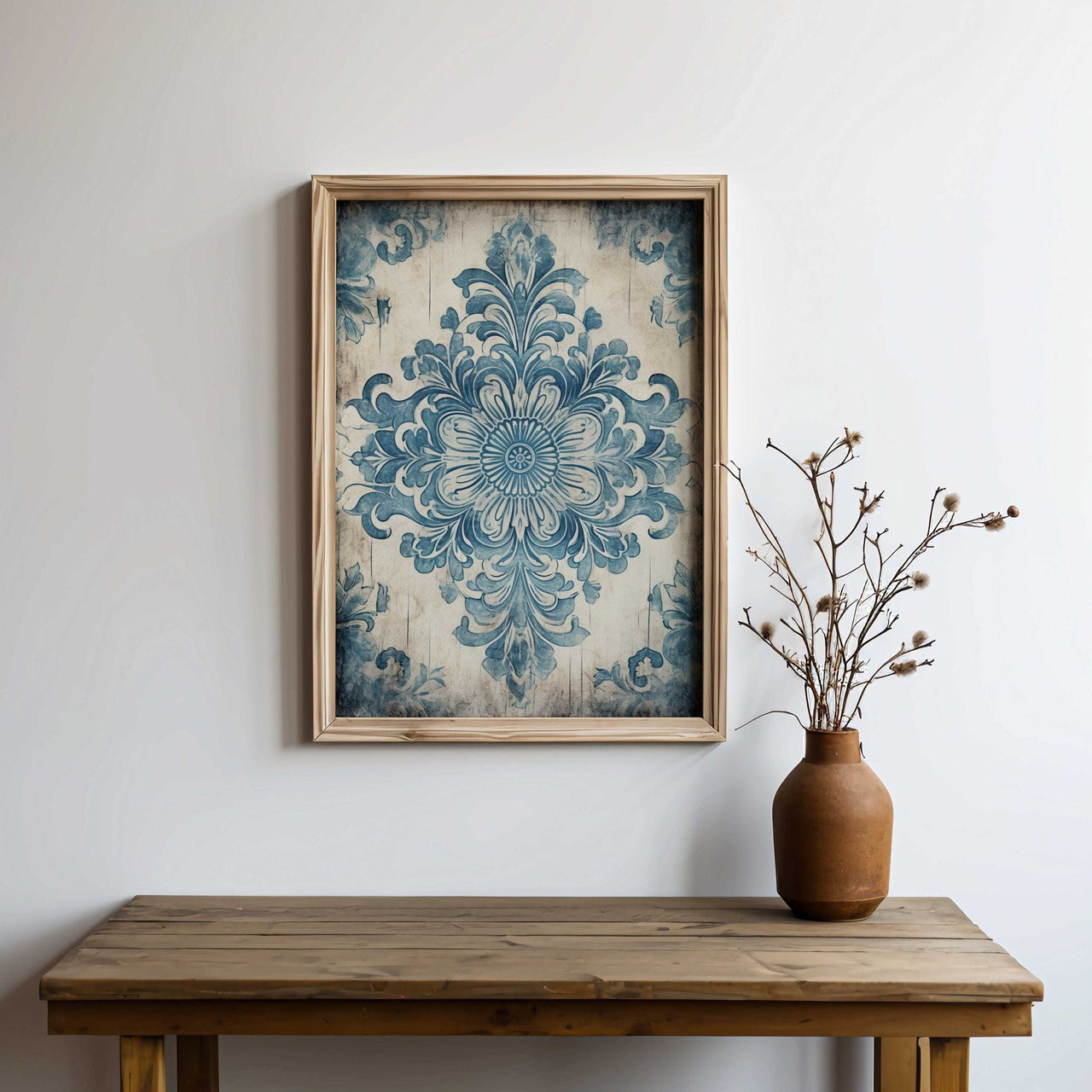 Blue Antique Ornament Wall Art – Floral Living Room Decor