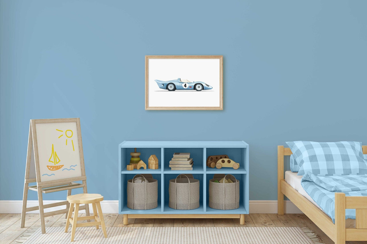 Blue Vintage Racing Car Wall Art – Vehicle Boys Room Print