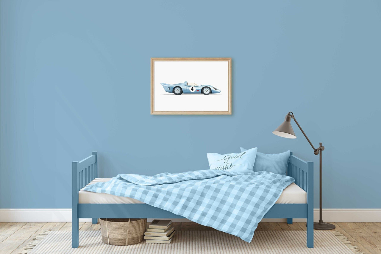 Blue Vintage Racing Car Wall Art – Vehicle Boys Room Print