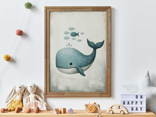 Blue Whale Nursery Print, Ocean Theme Art, Sea Animal Decor - WildfieldPrints