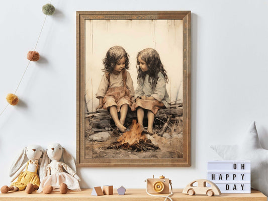 Bohemian Campfire Portrait, Vintage Decor for Dreamy Nurseries - WildfieldPrints
