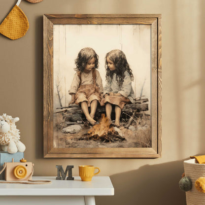Bohemian Campfire Portrait, Vintage Decor for Dreamy Nurseries - WildfieldPrints