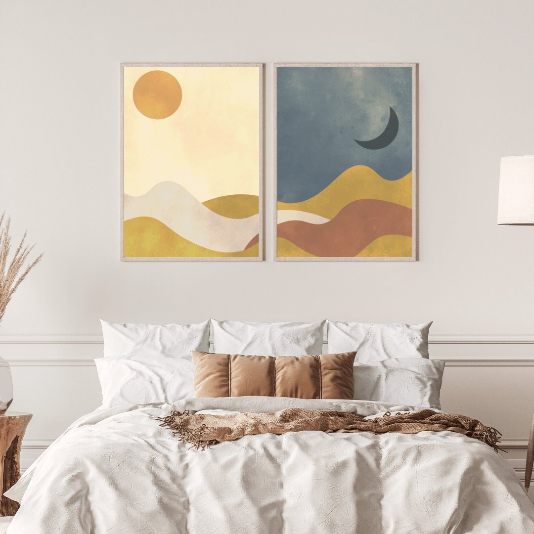 Boho Sun and Moon Wall Art, Day & Night Print, Mountain Landscape - WildfieldPrints