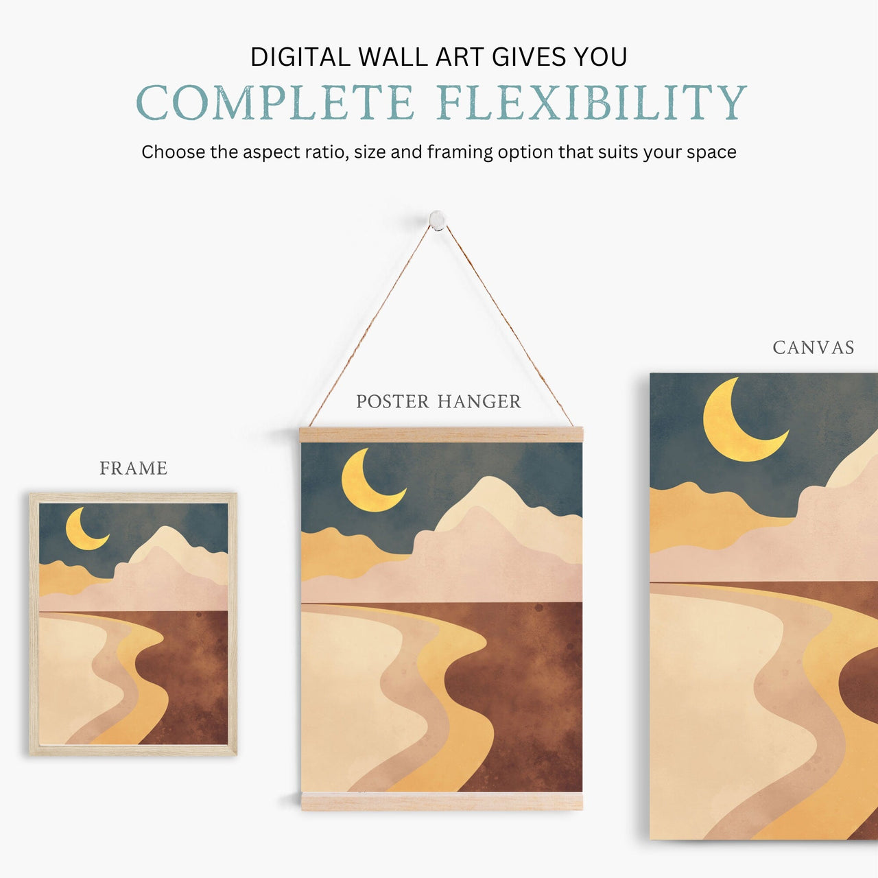Moon Desert Landscape Wall Art – Boho Living Room Print