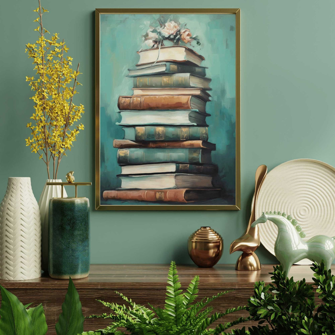 Books Stack Wall Art – Literary Reading Corner Print