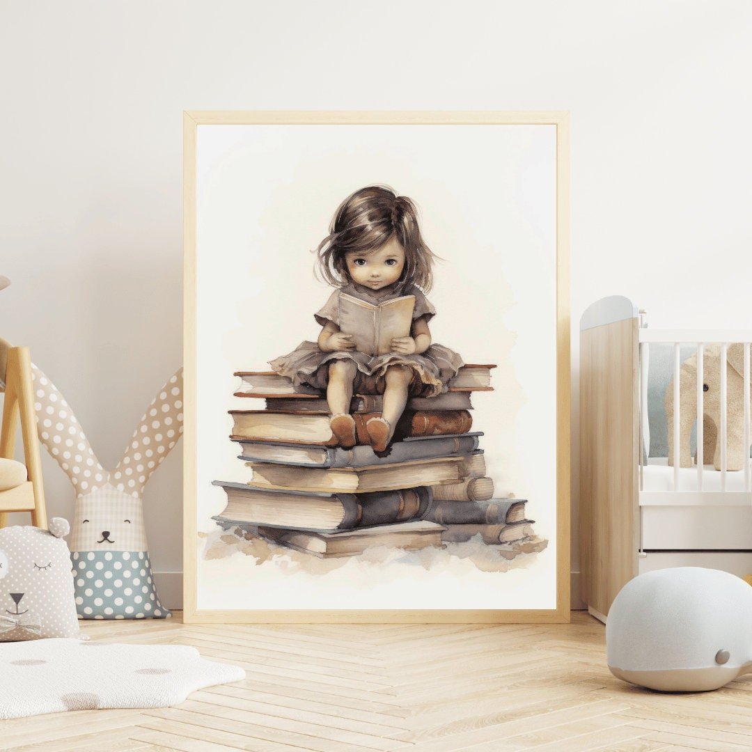 Little Girl Reading Wall Art – Vintage Kids Room Print