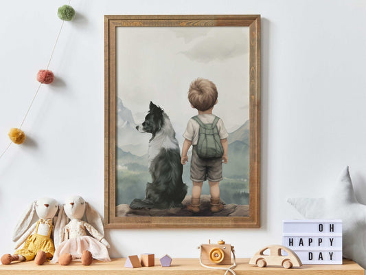 Border Collie Nursery Art, Boy & Dog Print, Dog - Themed Wall Decor - WildfieldPrints