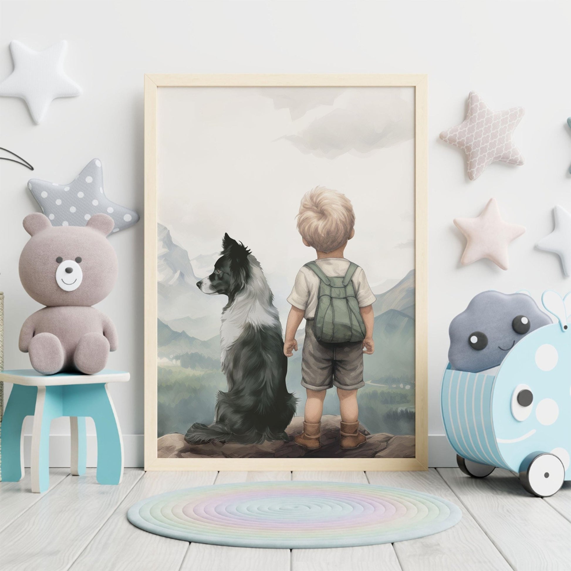 Border Collie Nursery Decor, Boy & Dog Art, Whimsical Room Accent - WildfieldPrints