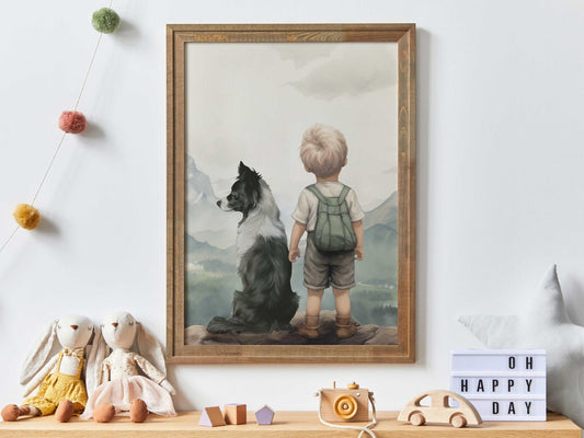 Border Collie Nursery Decor, Boy & Dog Art, Whimsical Room Accent - WildfieldPrints