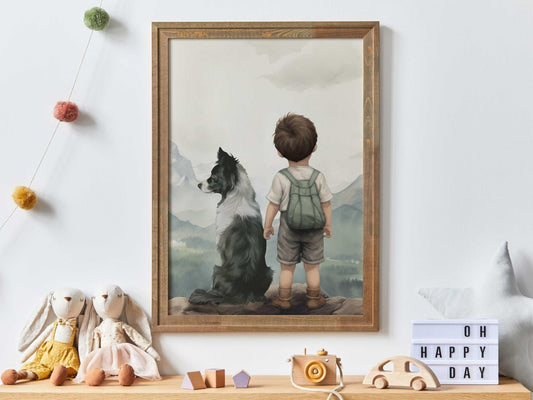 Border Collie Nursery Decor, Boy & Dog Print, Dog Wall Art - WildfieldPrints