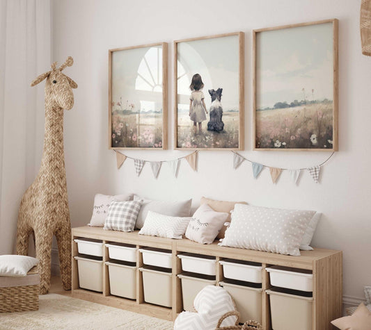 Border Collie Nursery Decor, Girl & Dog Wall Art, Girls Room Dog Print - WildfieldPrints