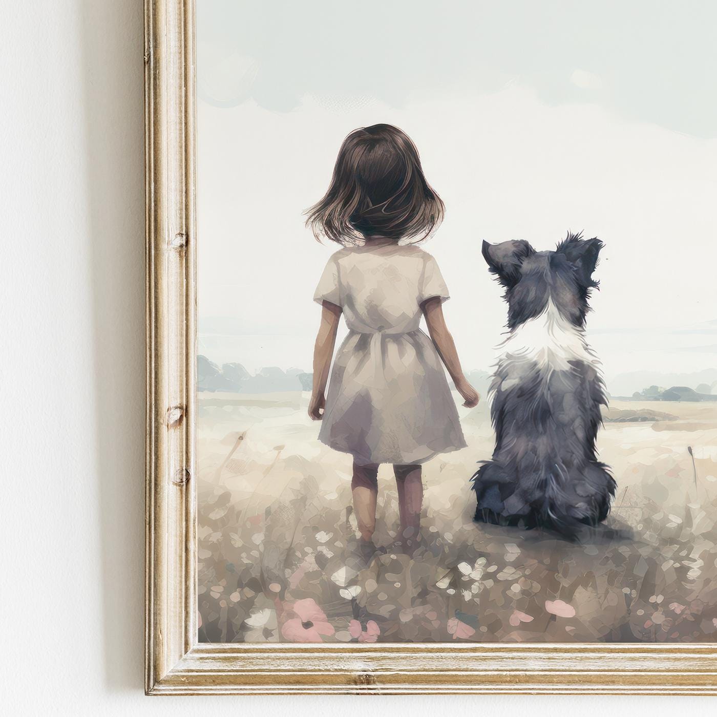 Border Collie Nursery Decor, Girl & Dog Wall Art, Girls Room Dog Print - WildfieldPrints