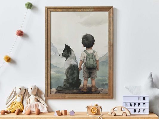 Border Collie Nursery Print, Boy & Dog Artwork, Dog Wall Decor - WildfieldPrints