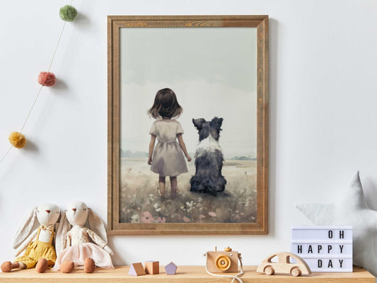 Border Collie Nursery Prints, Girl & Dog Wall Decor, Kids Room Art - WildfieldPrints