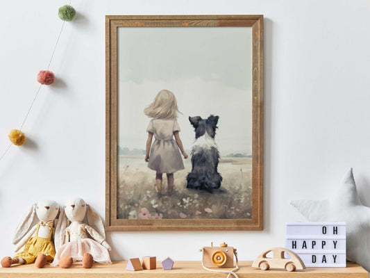 Border Collie Prints, Girl and Dog Wall Decor, Nursery Art - WildfieldPrints