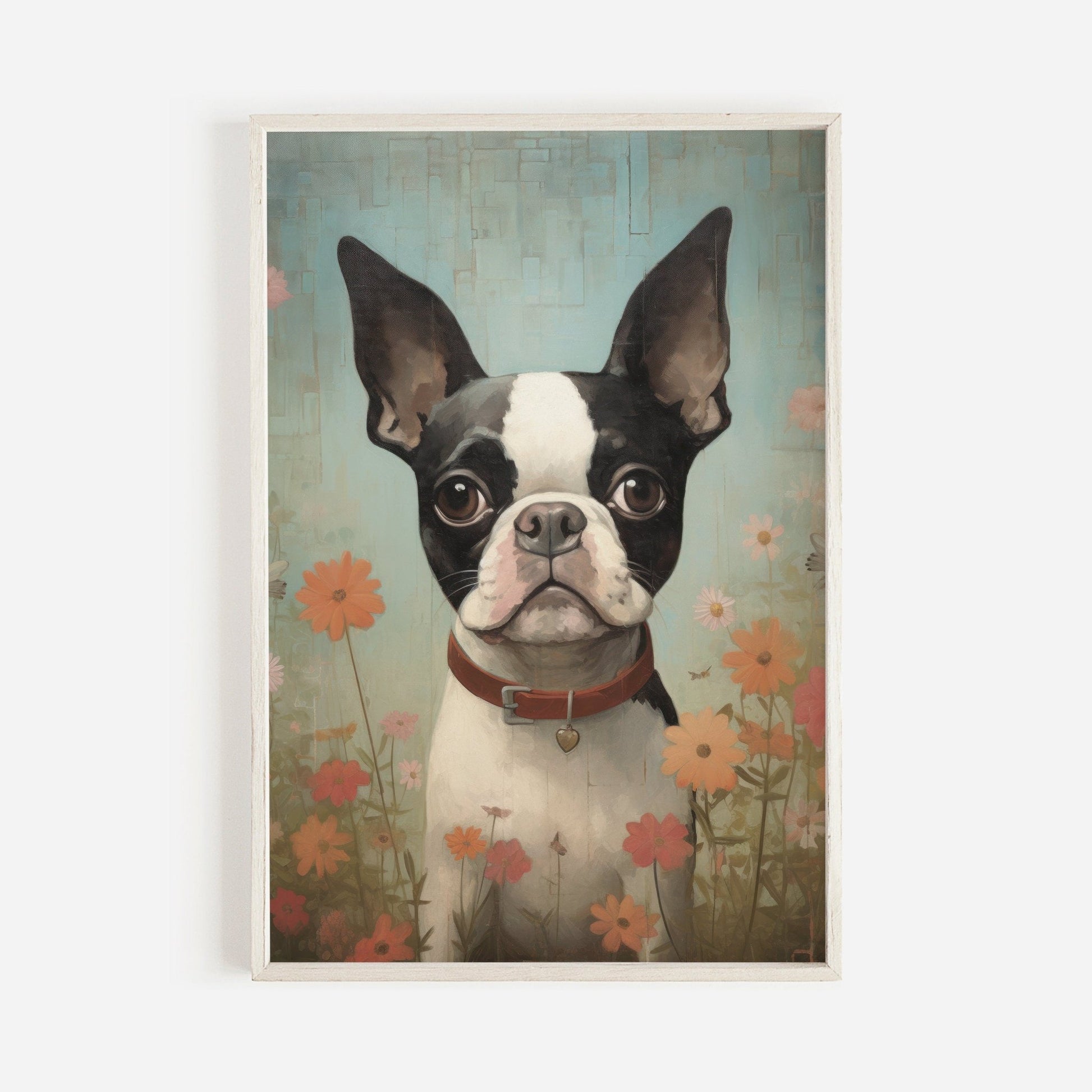 Boston Terrier Wall Art, Vintage Floral Dog Portrait, Perfect Gift - WildfieldPrints