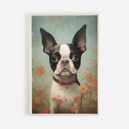 Boston Terrier Wall Art, Vintage Floral Dog Portrait, Perfect Gift - WildfieldPrints