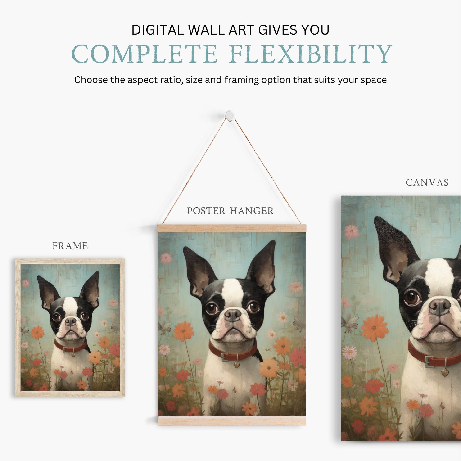 Boston Terrier Wall Art, Vintage Floral Dog Portrait, Perfect Gift - WildfieldPrints