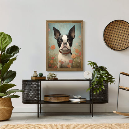 Boston Terrier Wall Art, Vintage Floral Dog Portrait, Perfect Gift - WildfieldPrints