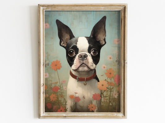 Boston Terrier Wall Art, Vintage Floral Dog Portrait, Perfect Gift - WildfieldPrints