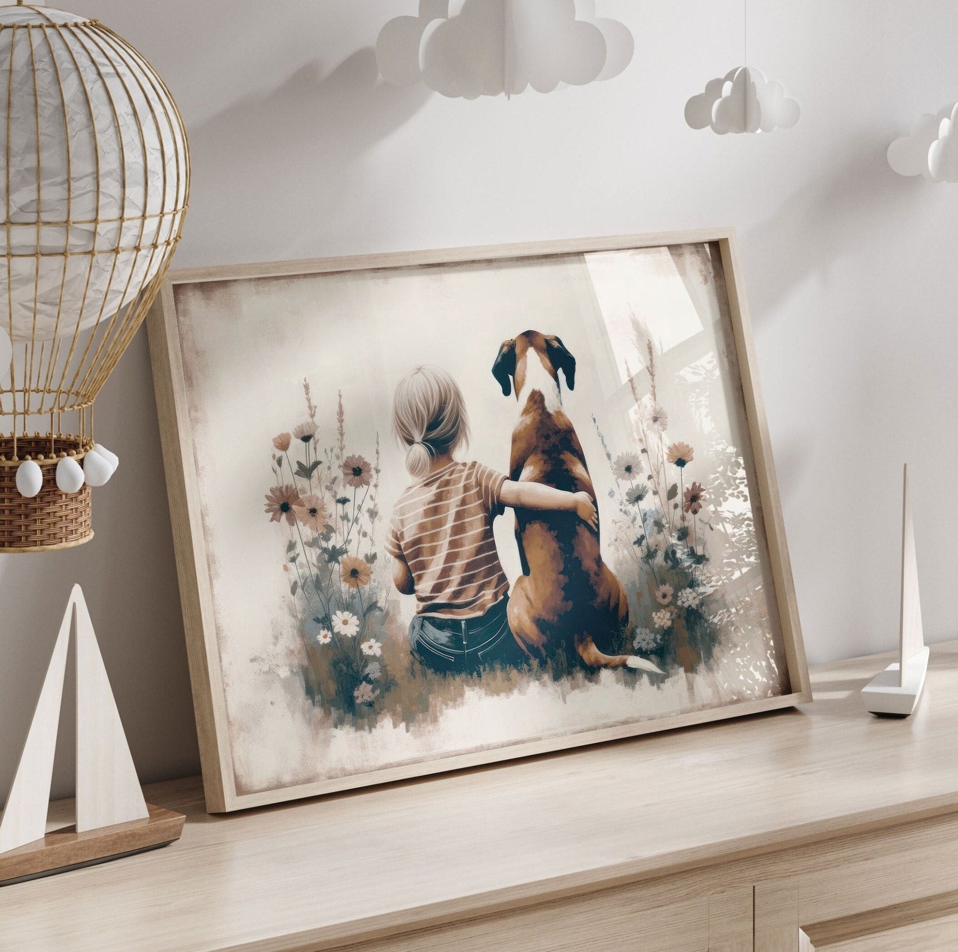 Boxer Dog Nursery Art, Girl & Dog Print, Kids Room Decor - WildfieldPrints