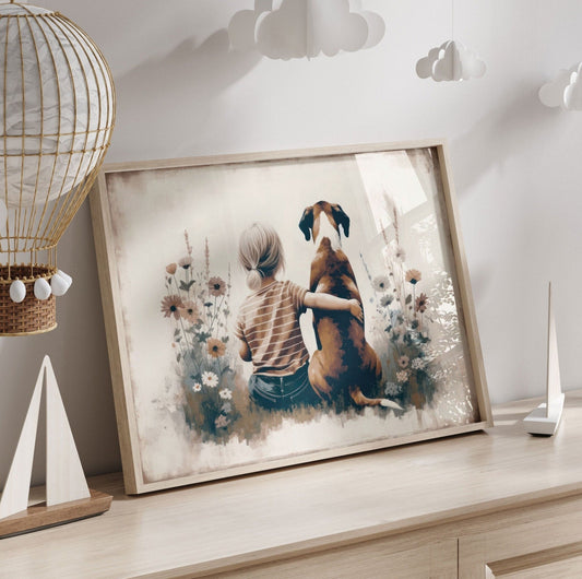 Boxer Dog Nursery Art, Girl & Dog Print, Kids Room Decor - WildfieldPrints