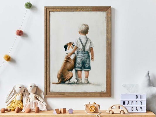 Boxer Dog Nursery Decor, Boy and Dog Art, Kids Room Wall Art - WildfieldPrints