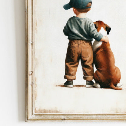 Boxer Dog Nursery Decor, Boy and Dog Art Print, Animal - Themed Decor - WildfieldPrints