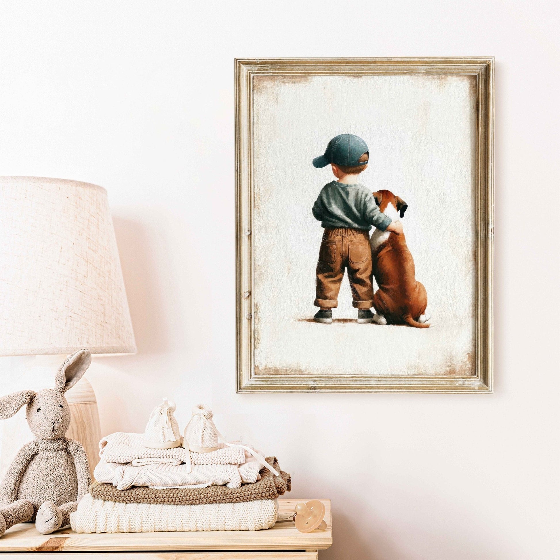 Boxer Dog Nursery Decor, Boy and Dog Art Print, Animal - Themed Decor - WildfieldPrints