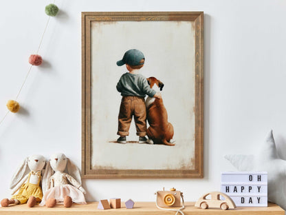 Boxer Dog Nursery Decor, Boy and Dog Art Print, Animal - Themed Decor - WildfieldPrints