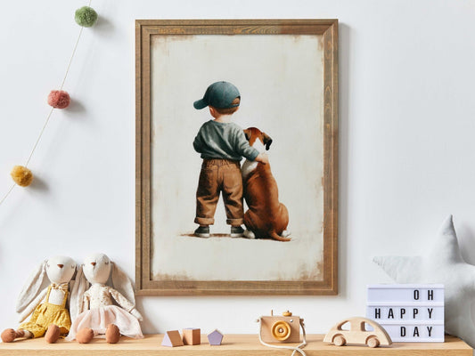 Boxer Dog Nursery Decor, Boy and Dog Art Print, Animal - Themed Decor - WildfieldPrints