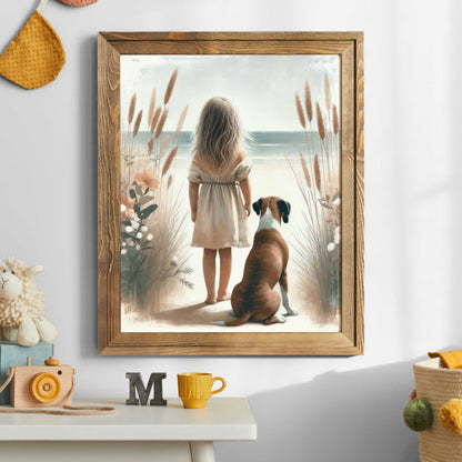 Boxer Dog Print, Vintage Nursery Decor, Girl and Dog Artwork - WildfieldPrints