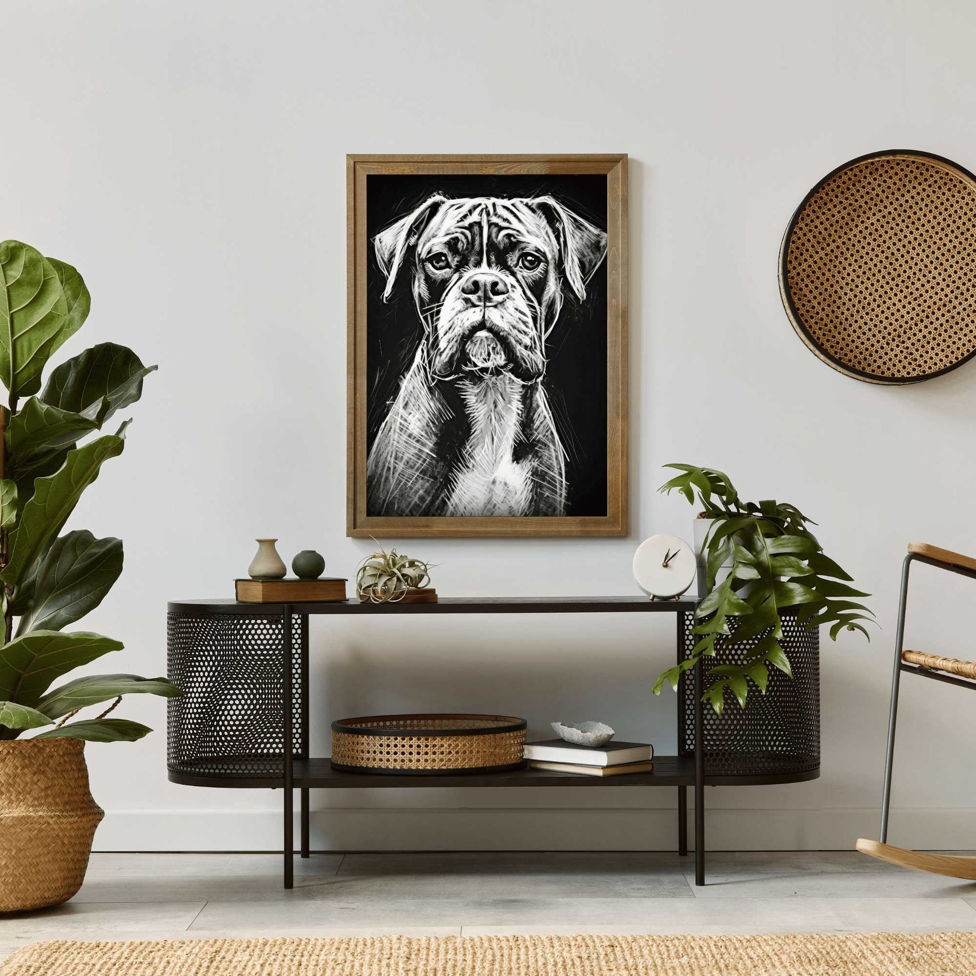 Boxer Dog Wall Art, Rustic Dog Decor, Line Drawing Portrait - WildfieldPrints