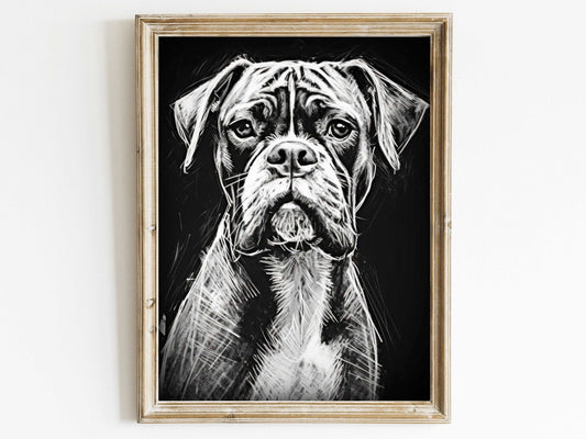 Boxer Dog Wall Art, Rustic Dog Decor, Line Drawing Portrait - WildfieldPrints