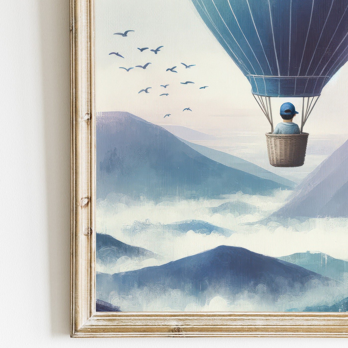 Boy Adventure Nursery Decor, Little Boy Flying Hot Air Balloon Print, Mountain Themed Art - WildfieldPrints