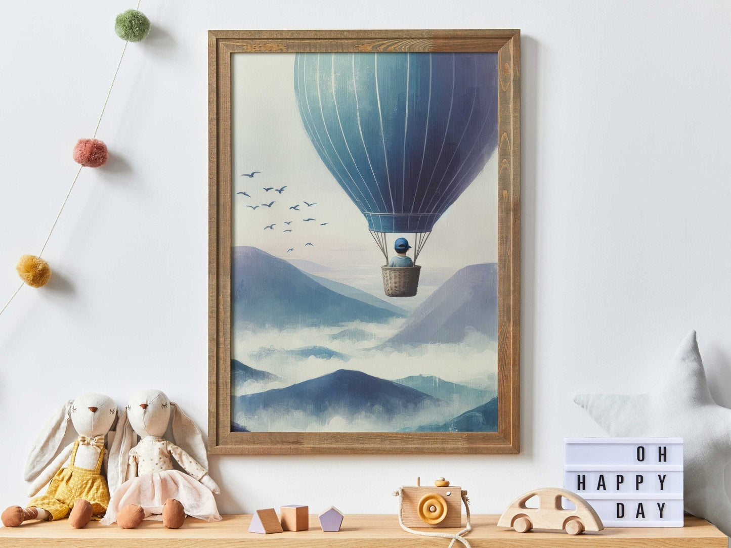 Boy Adventure Nursery Decor, Little Boy Flying Hot Air Balloon Print, Mountain Themed Art - WildfieldPrints