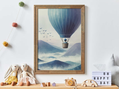 Boy Adventure Nursery Decor, Little Boy Flying Hot Air Balloon Print, Mountain Themed Art - WildfieldPrints