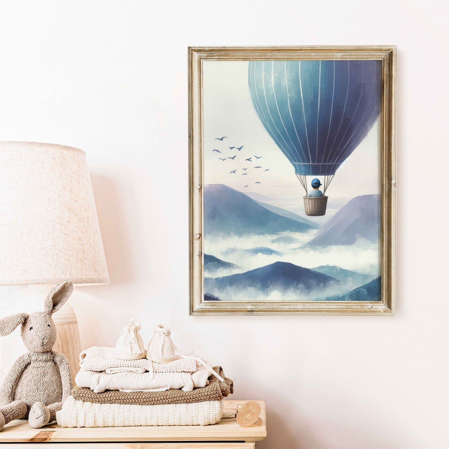 Boy Adventure Nursery Decor, Little Boy Flying Hot Air Balloon Print, Mountain Themed Art - WildfieldPrints