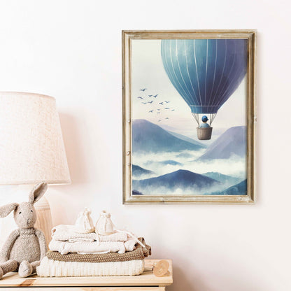 Boy Adventure Nursery Decor, Little Boy Flying Hot Air Balloon Print, Mountain Themed Art - WildfieldPrints