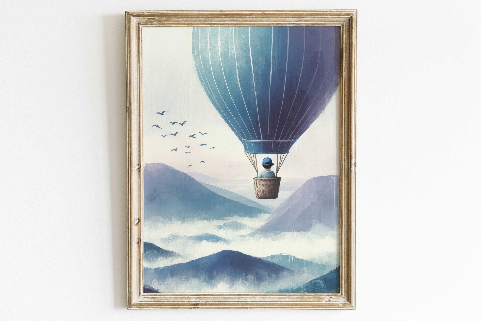 Boy Adventure Nursery Decor, Little Boy Flying Hot Air Balloon Print, Mountain Themed Art - WildfieldPrints