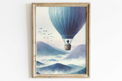 Boy Adventure Nursery Decor, Little Boy Flying Hot Air Balloon Print, Mountain Themed Art - WildfieldPrints