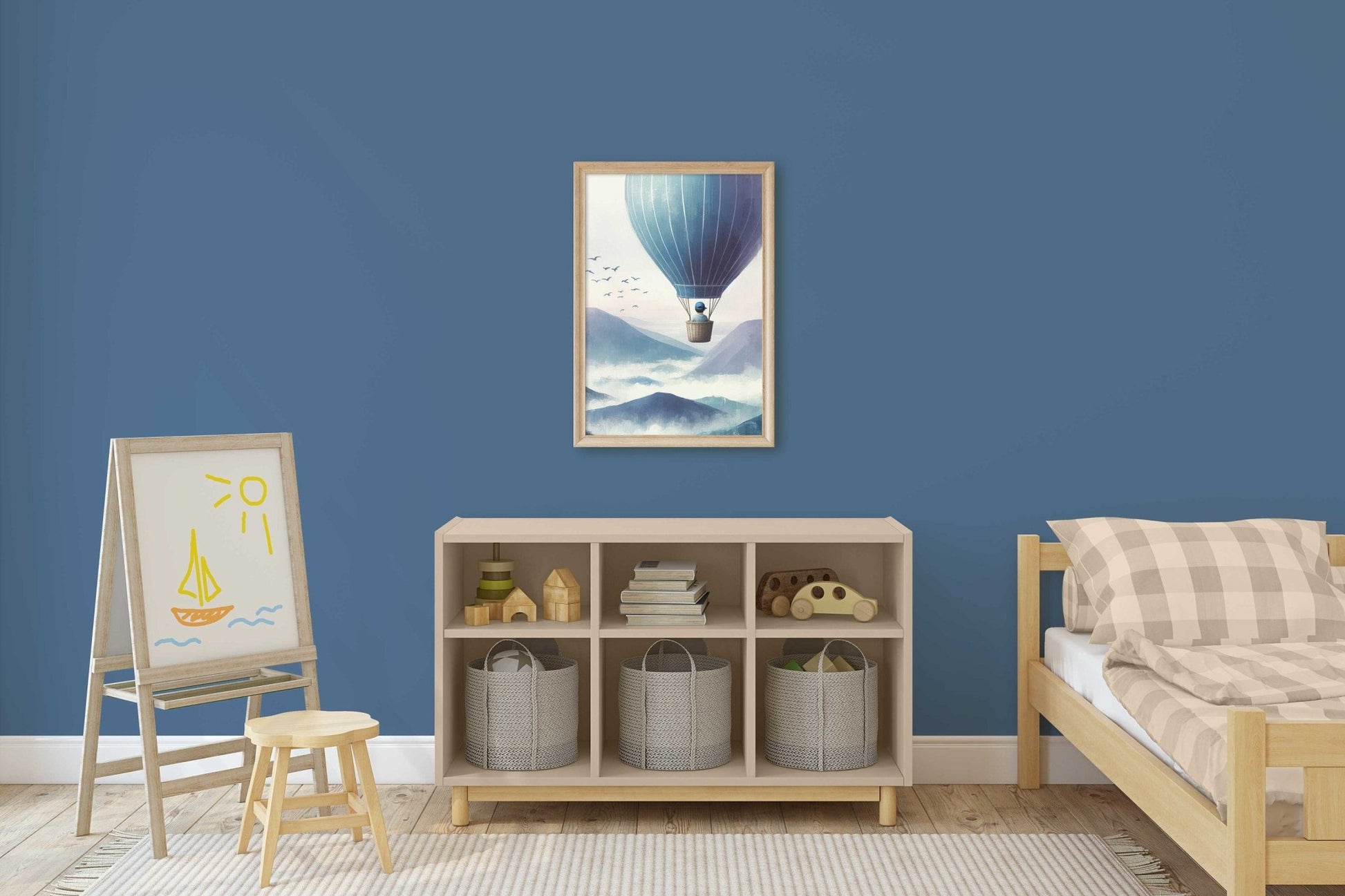 Boy Adventure Nursery Decor, Little Boy Flying Hot Air Balloon Print, Mountain Themed Art - WildfieldPrints