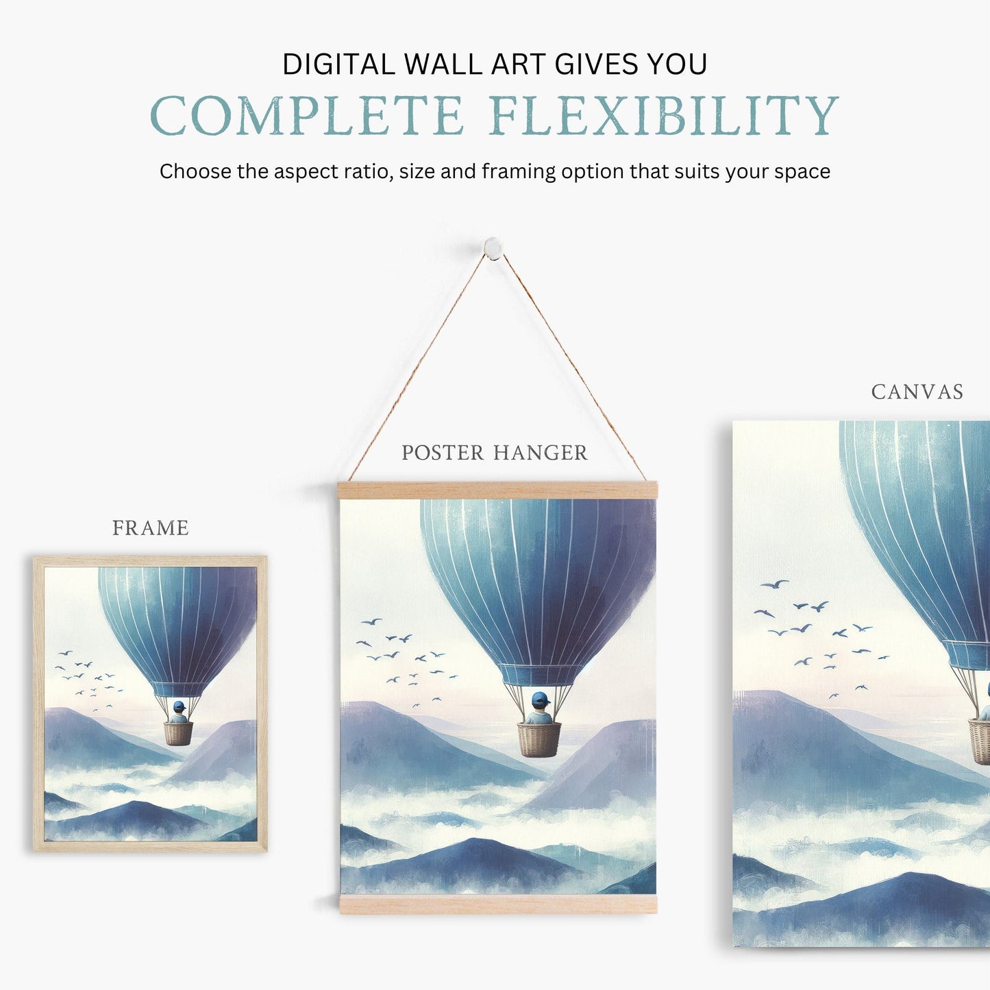 Boy Adventure Nursery Decor, Little Boy Flying Hot Air Balloon Print, Mountain Themed Art - WildfieldPrints