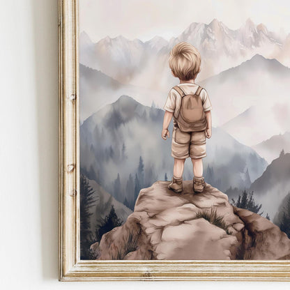 Boy Adventure Nursery Decor, Mountain Wall Art, Hiking Print for Playroom - WildfieldPrints