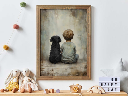 Boy and Black Dog Vintage Art, Heartwarming Nursery Decor, Wall Art Download - WildfieldPrints