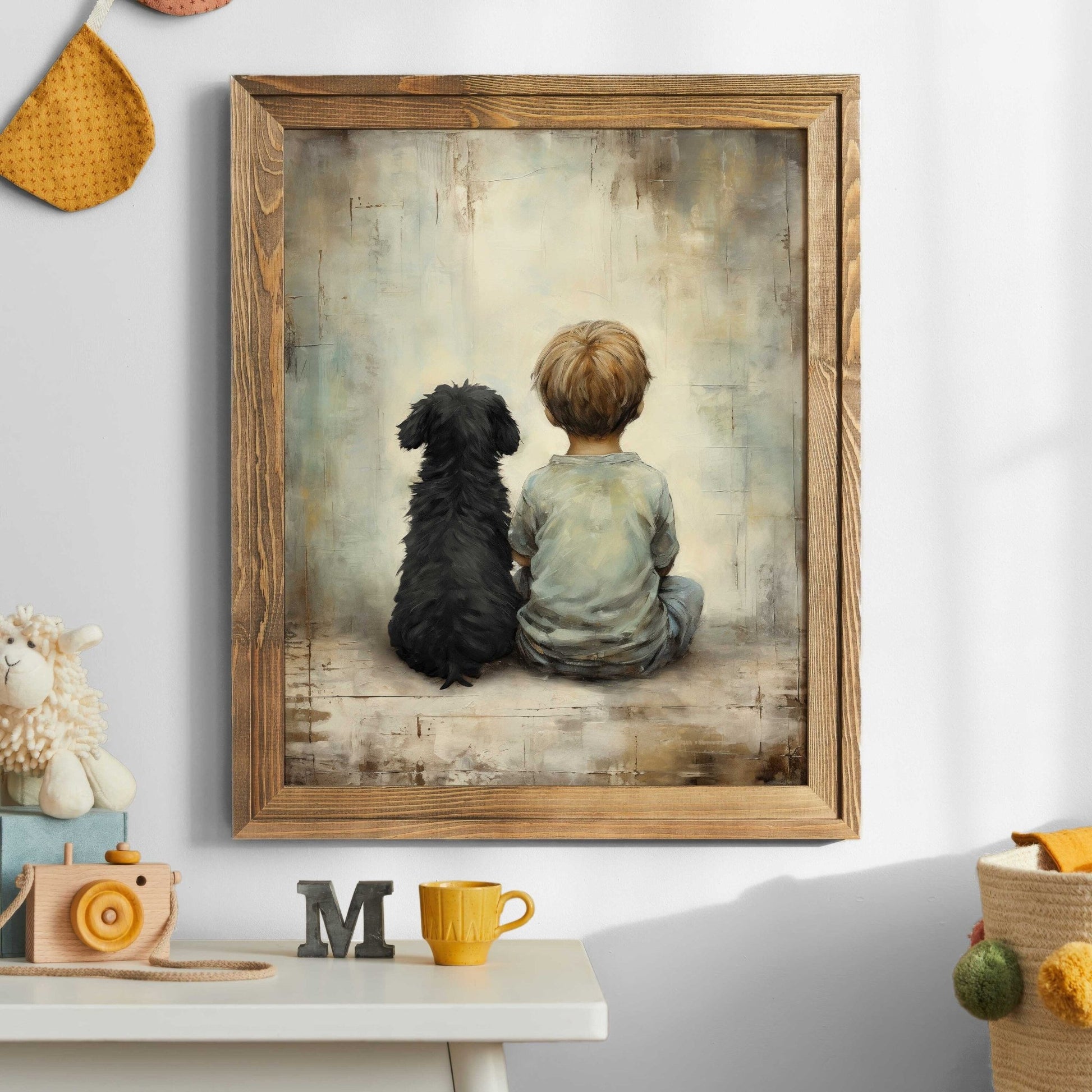Boy and Black Dog Vintage Art, Heartwarming Nursery Decor, Wall Art Download - WildfieldPrints