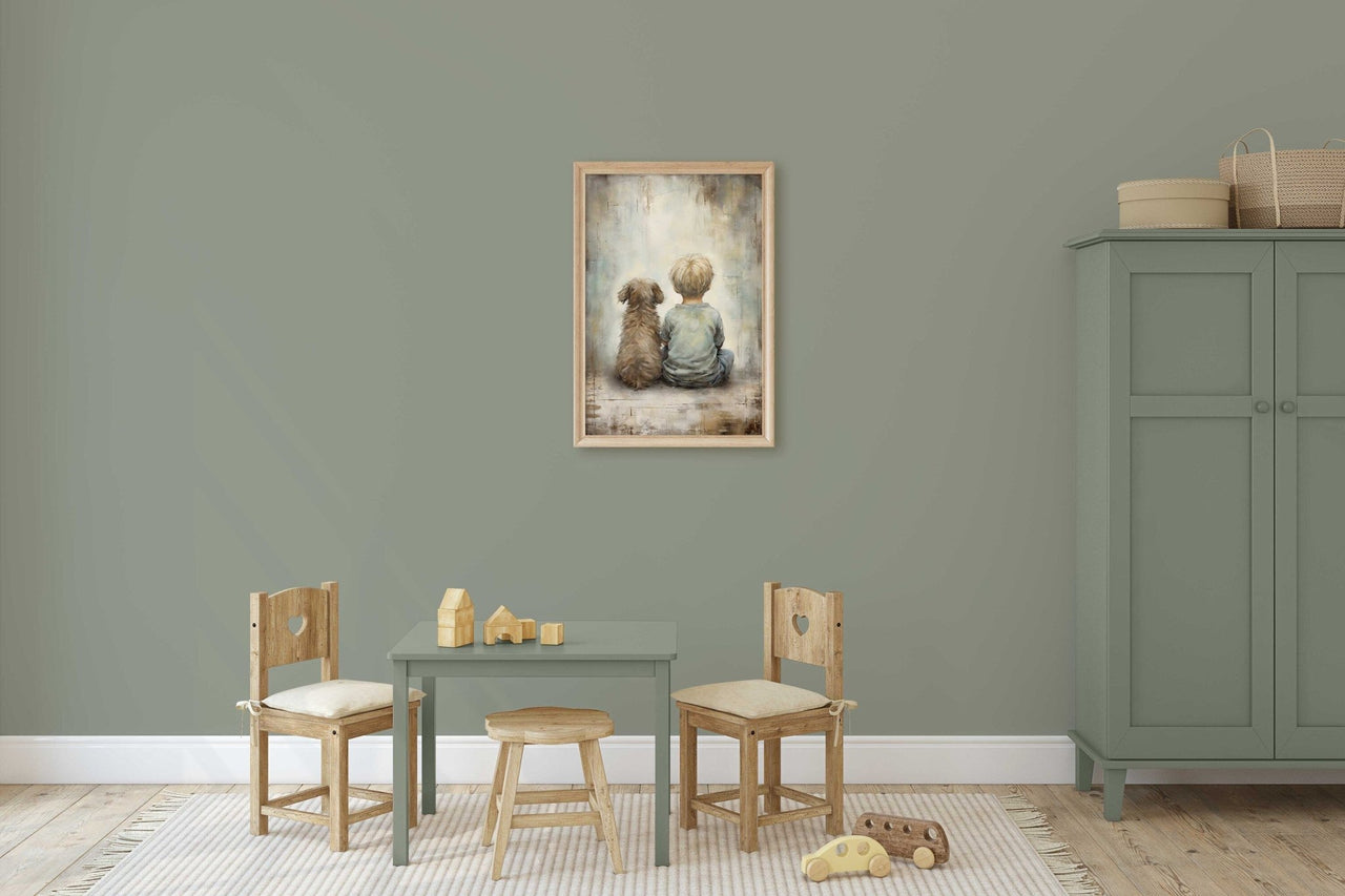 Blonde Boy and Dog Wall Art – Animal Boys Room Print